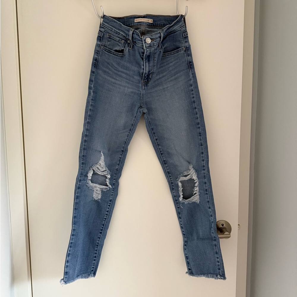 Levi High Rise Straight Cropped Distressed Jeans